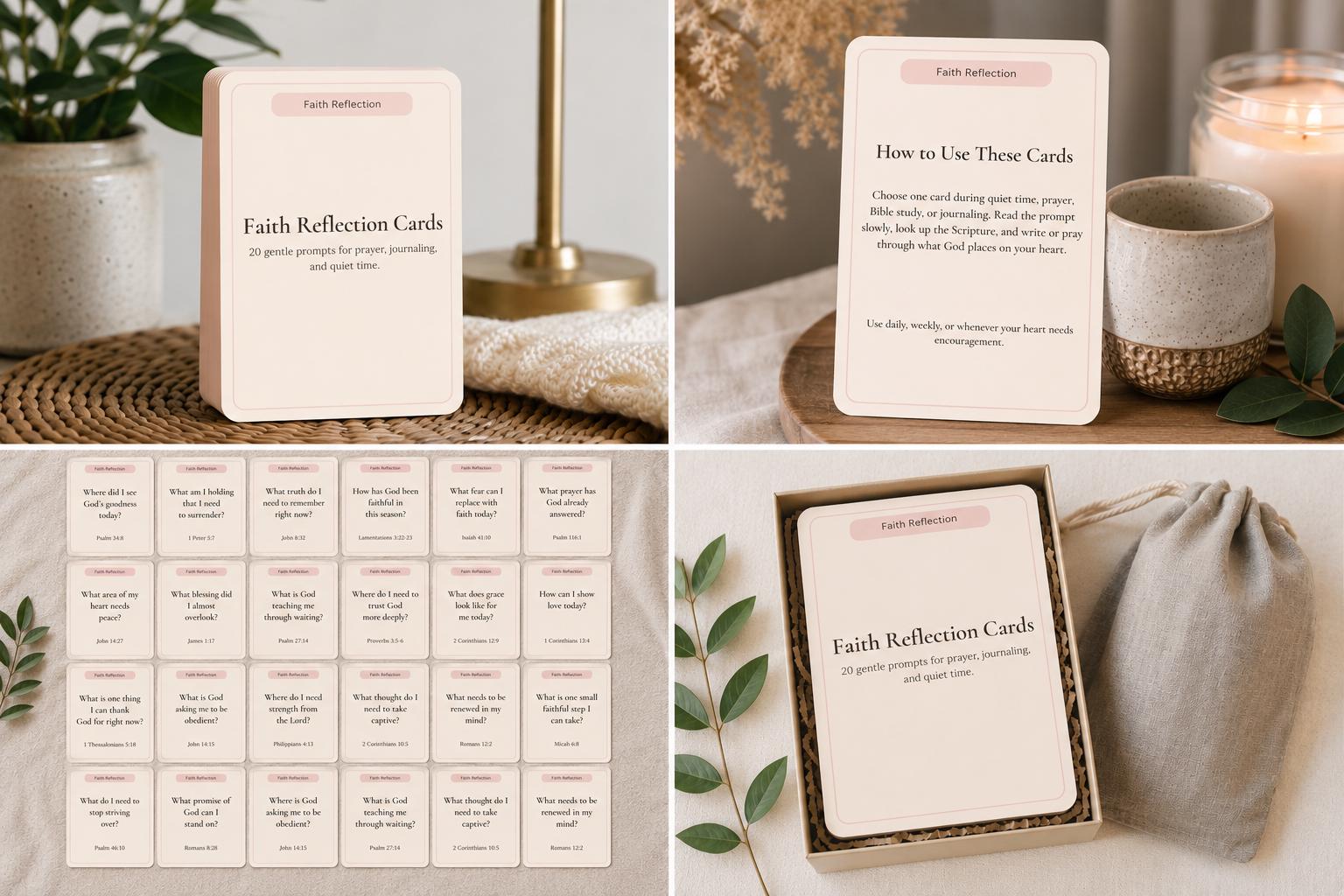 Faith Reflection Cards | Christian Journaling Prompts, Scripture, Prayer (20 Cards)