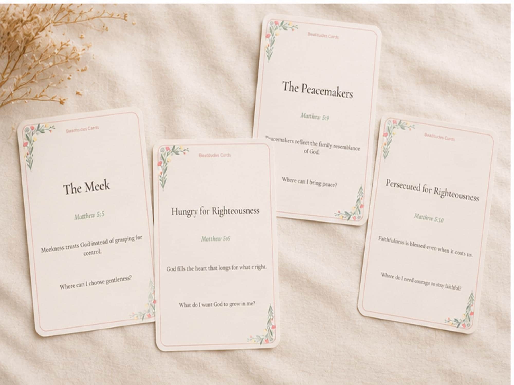 Beatitudes Scripture Cards | Matthew 5 Bible Study Reflection (8 Cards)