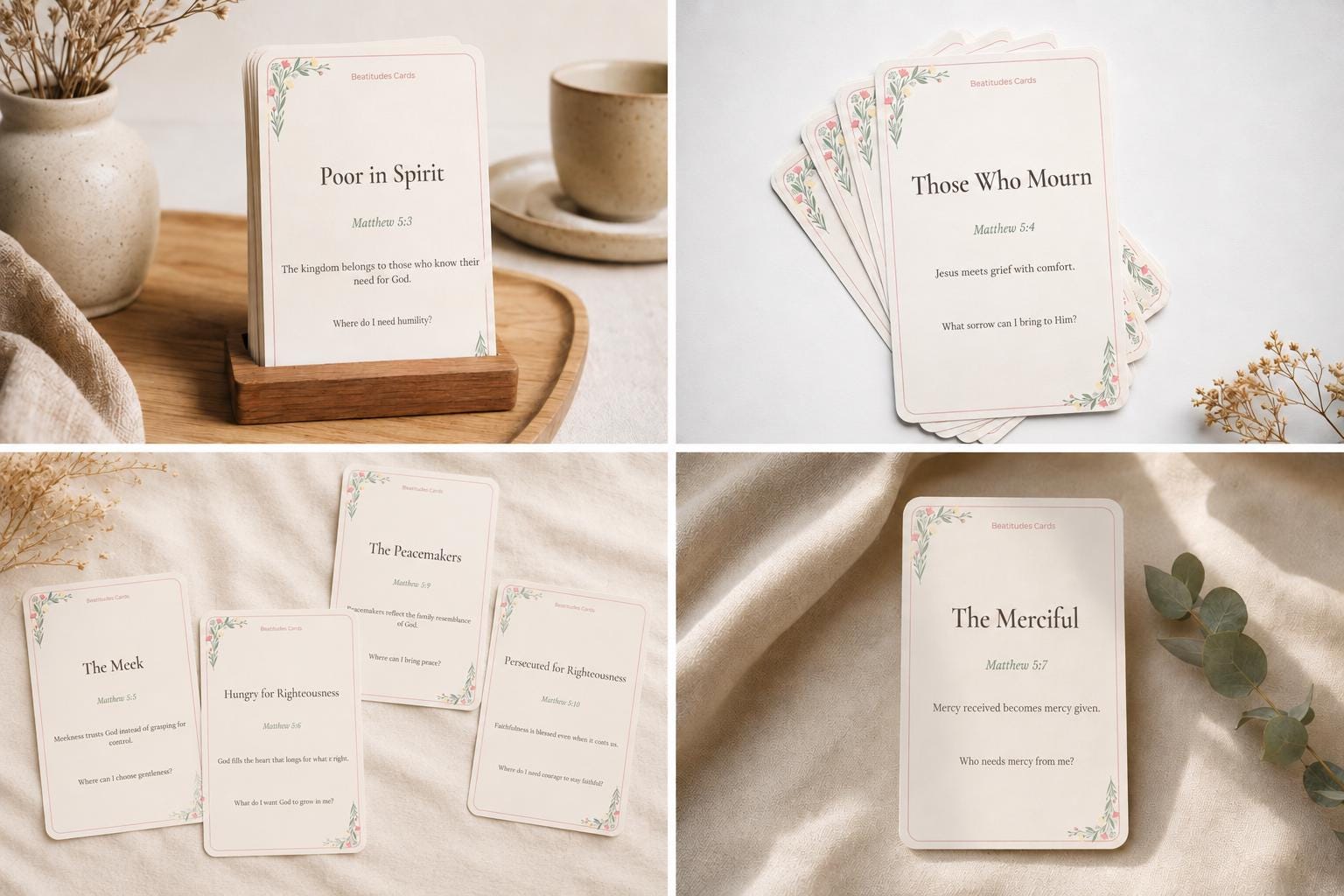 Beatitudes Scripture Cards | Matthew 5 Bible Study Reflection (8 Cards)