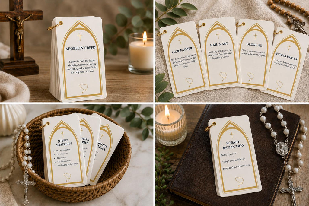 Catholic Rosary Prayer Cards Ring Set | Mysteries, Creed, Reflection Cards