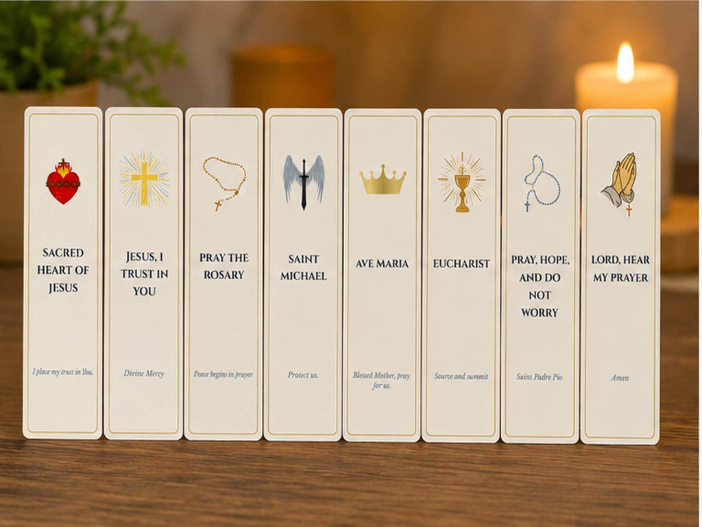 Set of 8 Catholic Bookmarks, Sacred Heart, Rosary, Saint Michael, Eucharist Designs