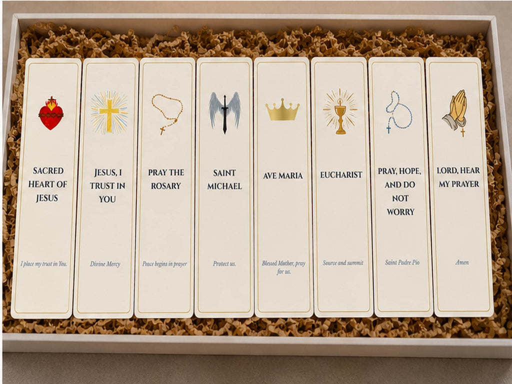 Set of 8 Catholic Bookmarks, Sacred Heart, Rosary, Saint Michael, Eucharist Designs