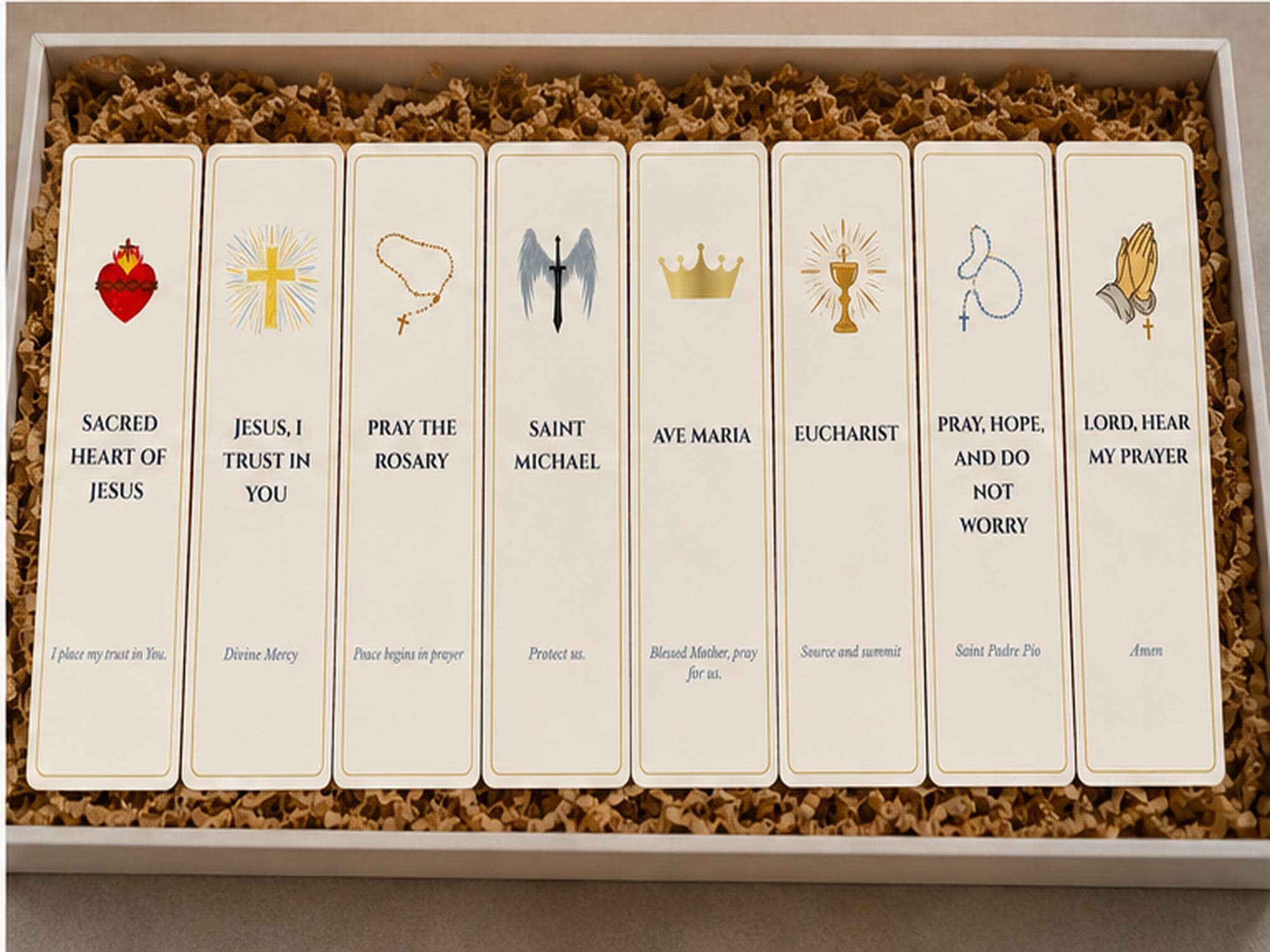 Set of 8 Catholic Bookmarks, Sacred Heart, Rosary, Saint Michael, Eucharist Designs