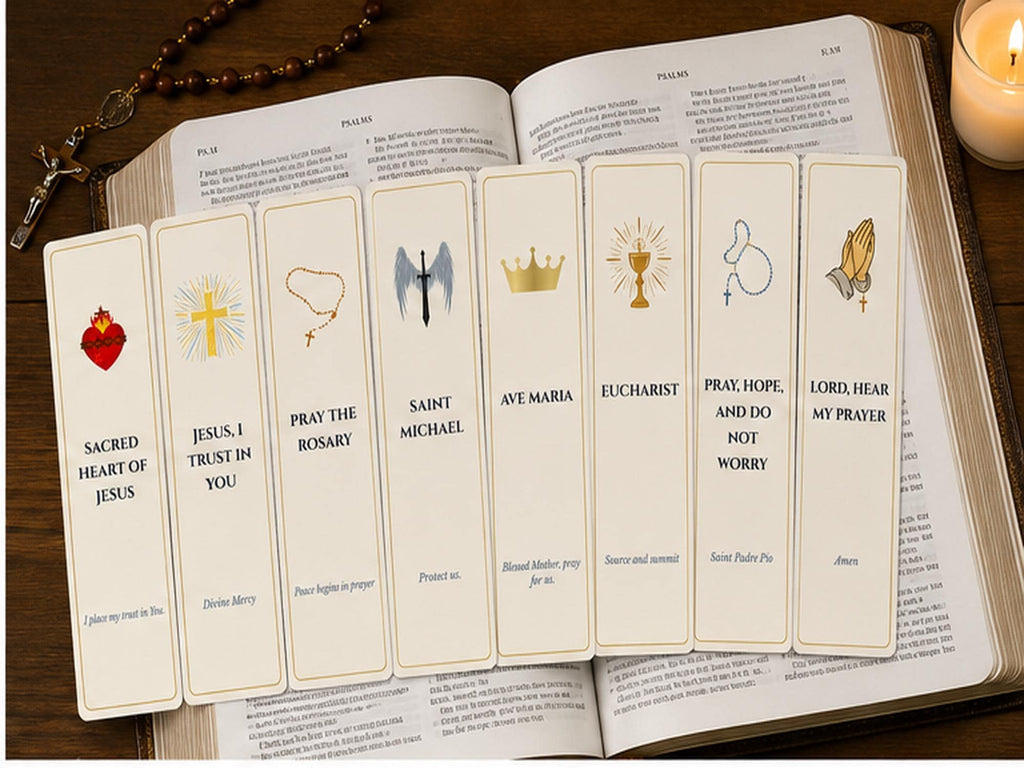 Set of 8 Catholic Bookmarks, Sacred Heart, Rosary, Saint Michael, Eucharist Designs