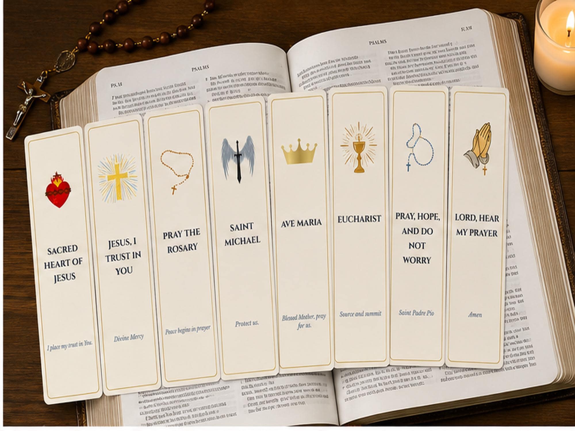 Set of 8 Catholic Bookmarks, Sacred Heart, Rosary, Saint Michael, Eucharist Designs