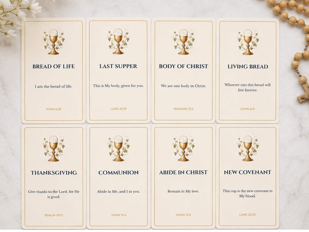 Eucharist Scripture Cards, Catholic Prayer, Communion Bible Verse, Gold Chalice Design