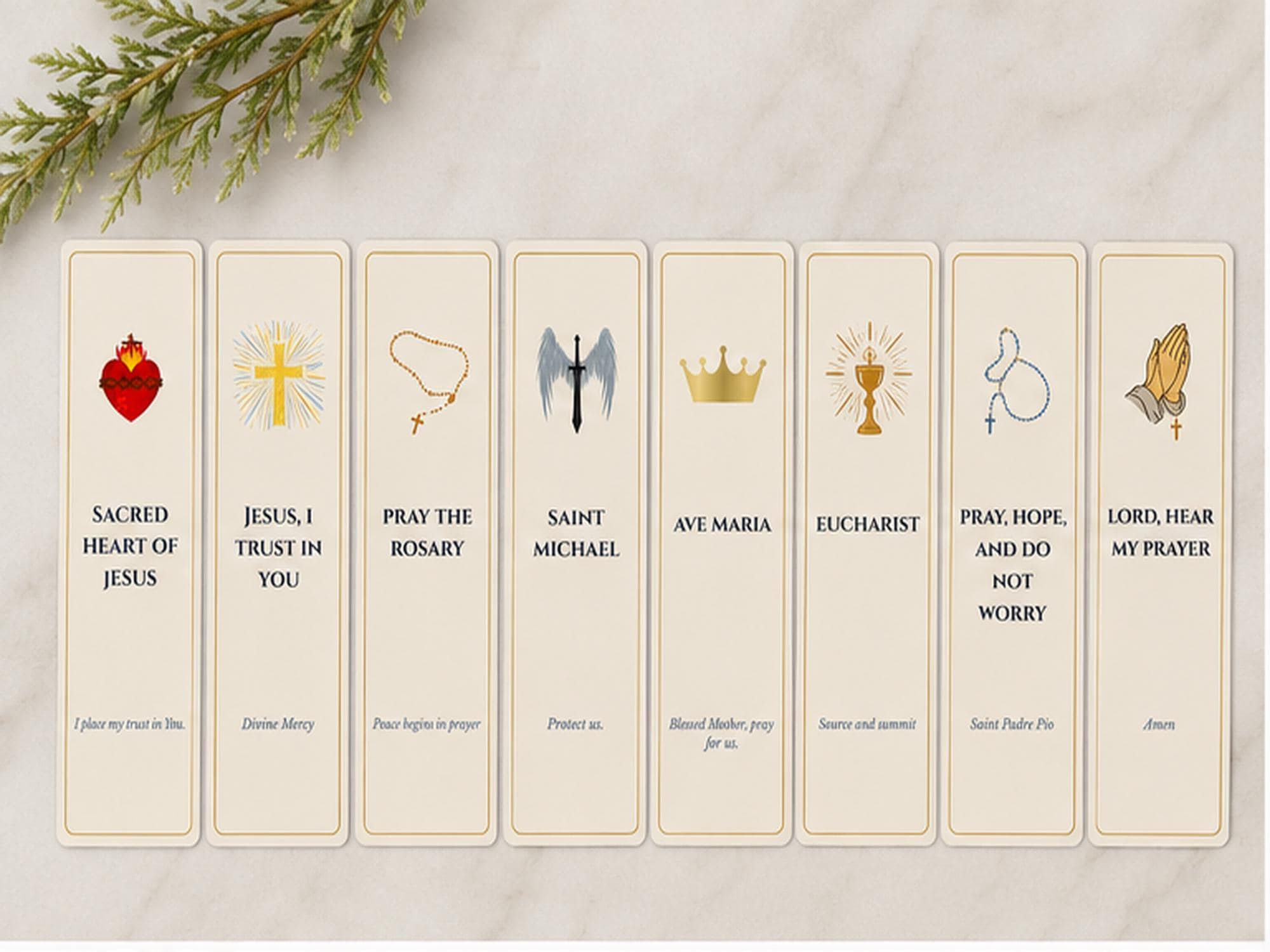 Set of 8 Catholic Bookmarks, Sacred Heart, Rosary, Saint Michael, Eucharist Designs