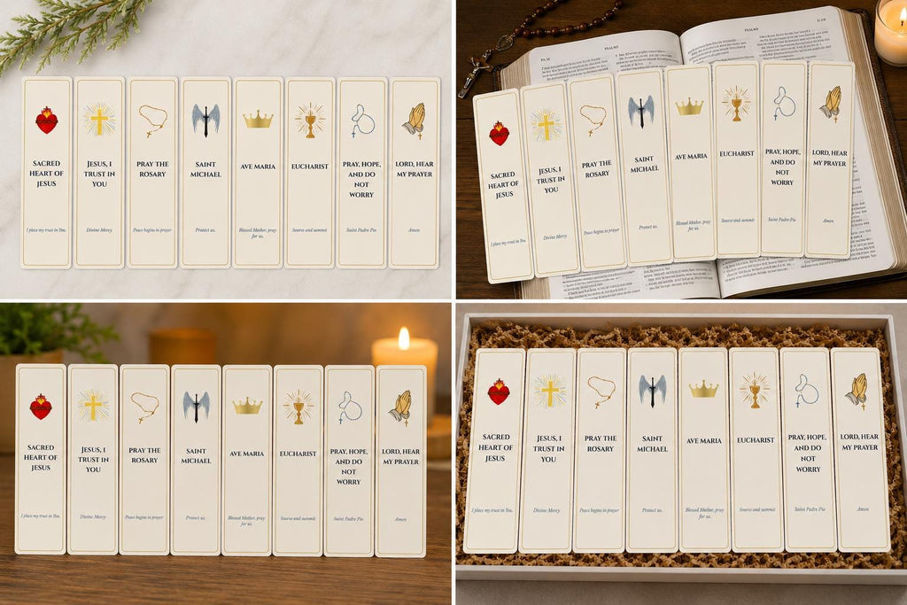 Set of 8 Catholic Bookmarks, Sacred Heart, Rosary, Saint Michael, Eucharist Designs